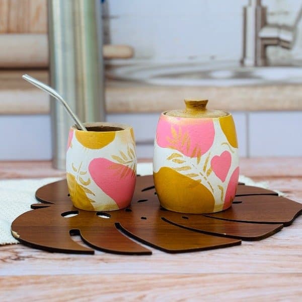 Set Mate de Madera + Bombilla + Azucarera ó Yerbera Artesanal Pintado a Mano.