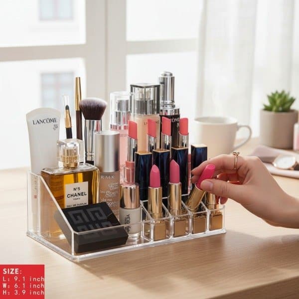 ORGANIZADOR ACRILICO MULTI COMPARTIMENTOS PARA MAQUILLAJE Y ESCRITORIO 13X9X23