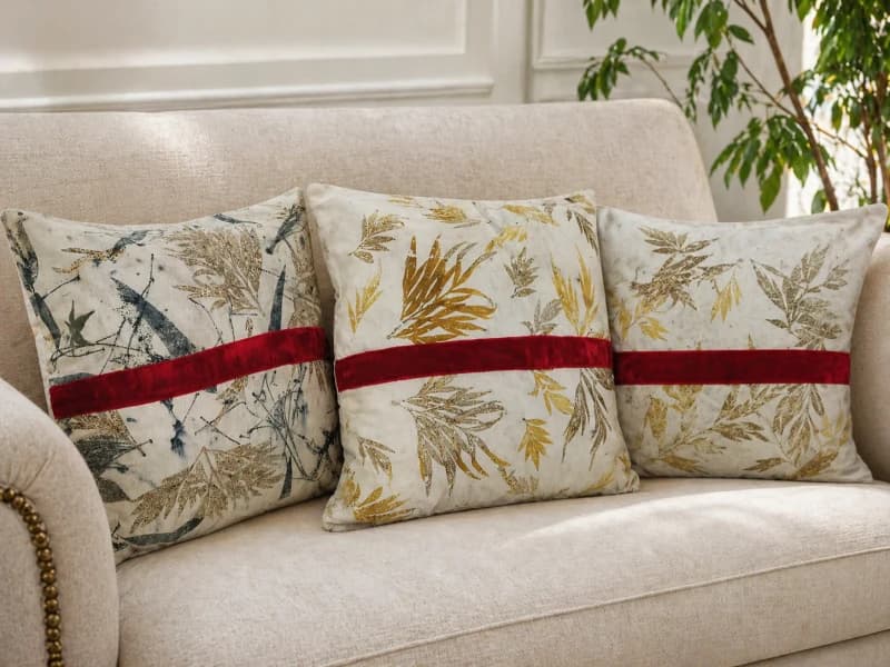 3 Fundas de Almohadones en Ecoprint. Grevillea, eucalipto y casuarina