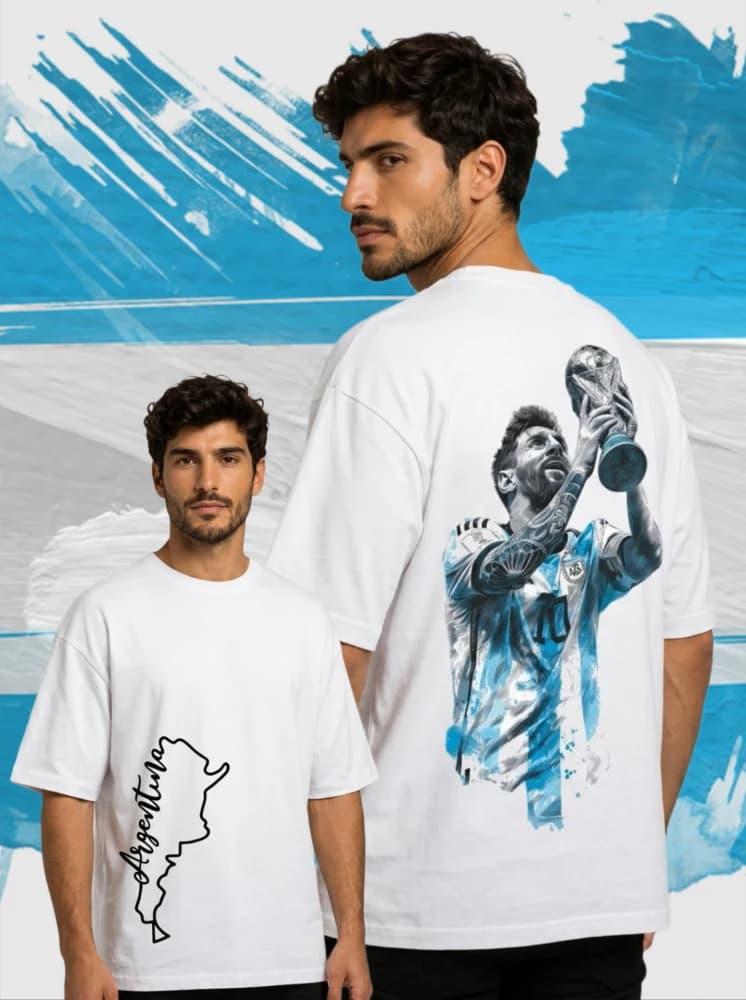 Remera Messi con la copa + territorio argentino Blanca