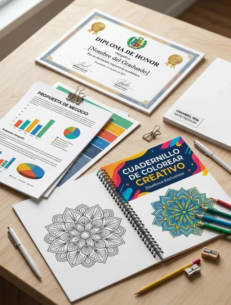 Impresiones Color A4 Simple faz, en Papel CHAMBRIL 180g. Ideal para impresión de Diplomas, Presentaciones y Cuadernillos anillados para colorear