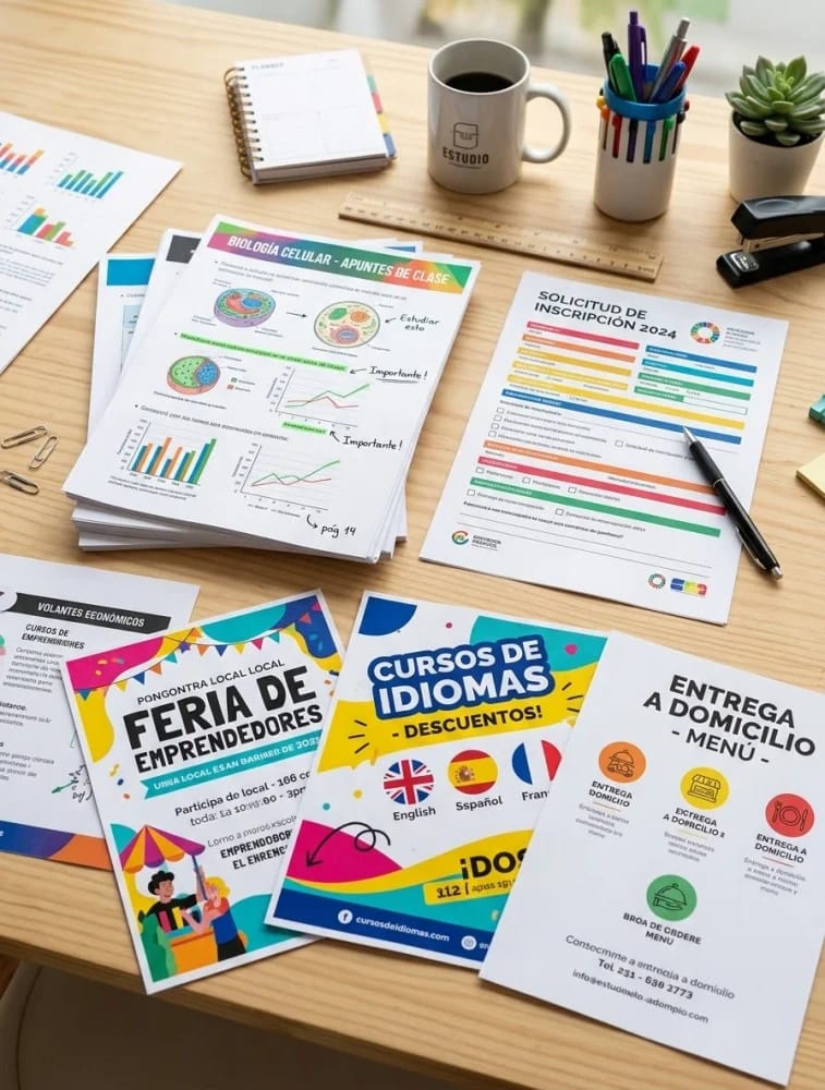 Impresiones Color A4 Simple faz, en Papel Obra 80g. Ideal para Apuntes, Formularios, material de estudio, Flyers, Panfletos y Volantes económicos