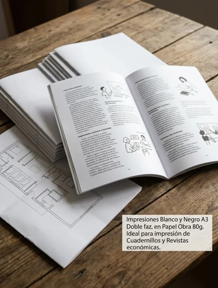 Impresiones Blanco y Negro A3 Doble faz, en Papel Obra 80g. Ideal para impresión de Cuadernillos y Revistas económicas