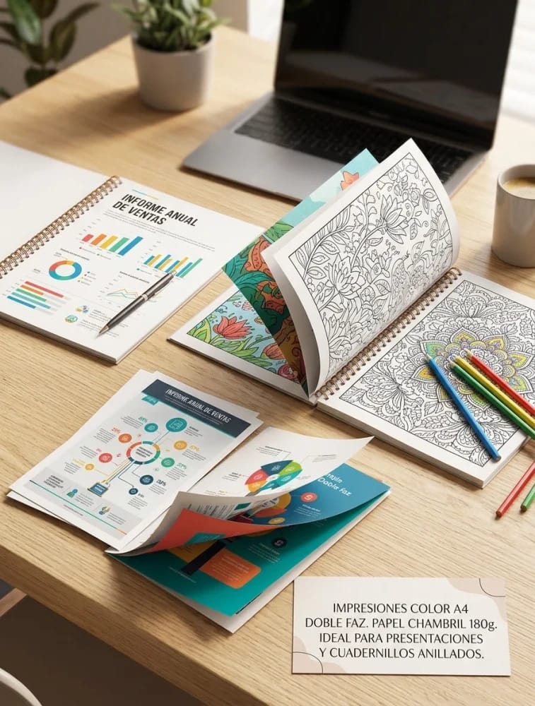 Impresiones Color A4 Doble faz, en Papel CHAMBRIL 180g. Ideal para impresión de Presentaciones y Cuadernillos anillados para colorear