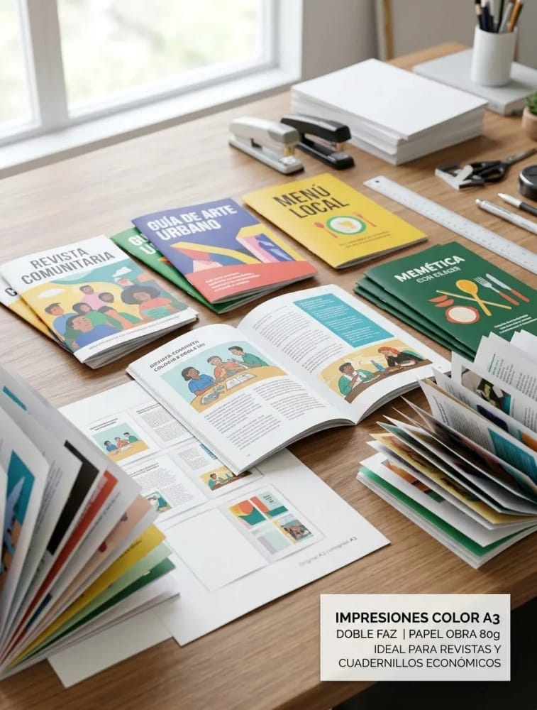 Impresiones Color A3 Doble faz, en Papel Obra 80g. Ideal para impresión de Cuadernillos y Revistas económicas