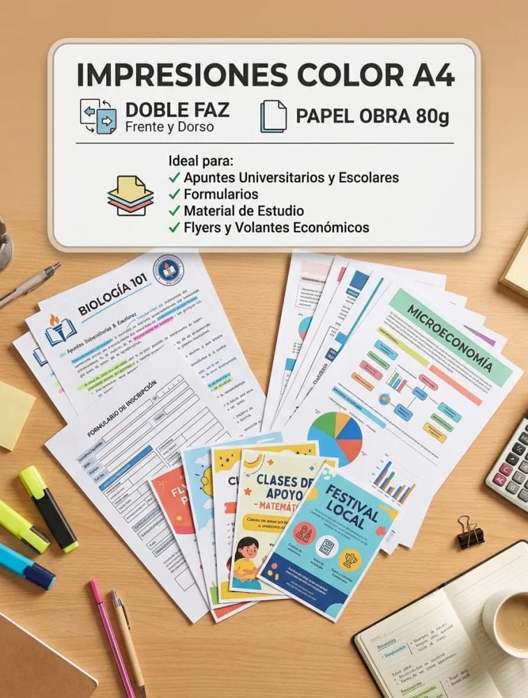 Impresiones Color A4 Doble faz, en Papel Obra 80g. Ideal para Apuntes universitarios y escolares, Formularios, material de estudio, Flyers, Panfletos y Volantes económicos