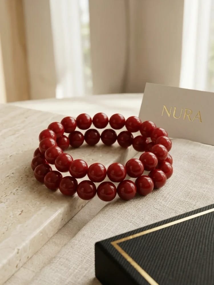Pulsera De Piedras Estilo Artesanal Elastica Reforzada Color Rojo 8mm