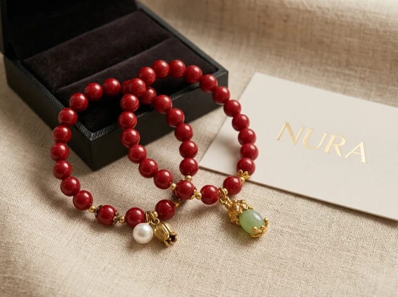 Pulsera De Piedras Estilo Artesanal Elastica Reforzada Rojo con Dije