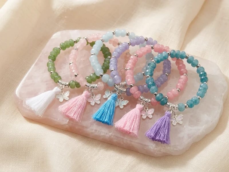 Pulsera De Piedras Estilo Artesanal Elastica Reforzada Colores dije de mariposas 5cm