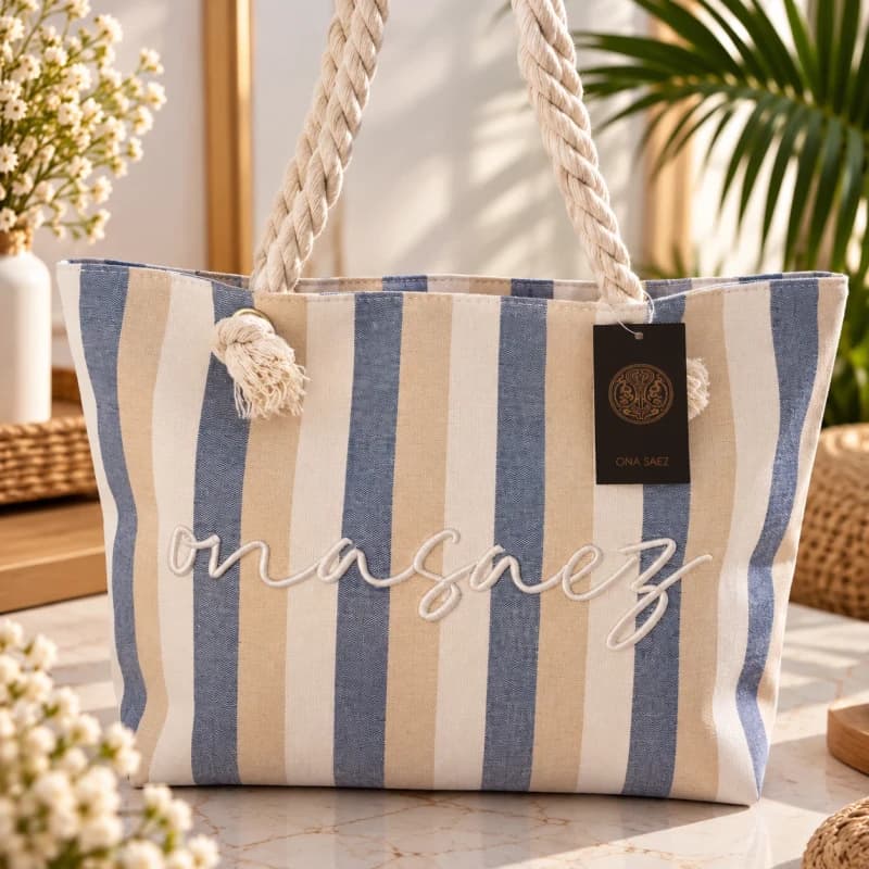 Bolso Ona Saez Rayado – Beige, Blanco y Azul con Manijas de Soga