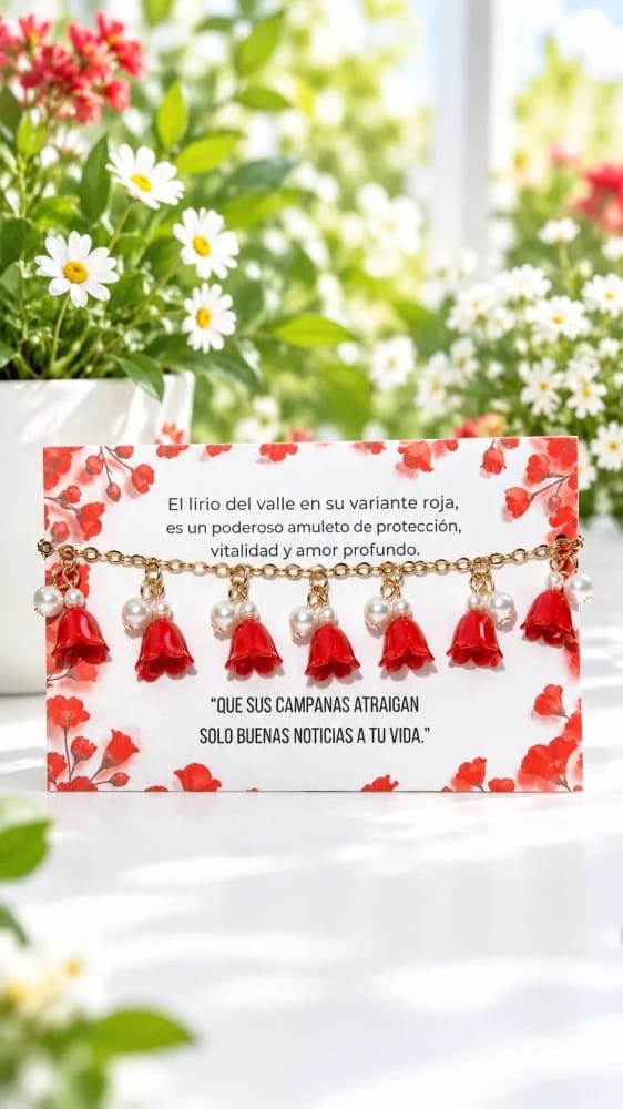 Pulsera Dorada con Flores Rojas y Perlas