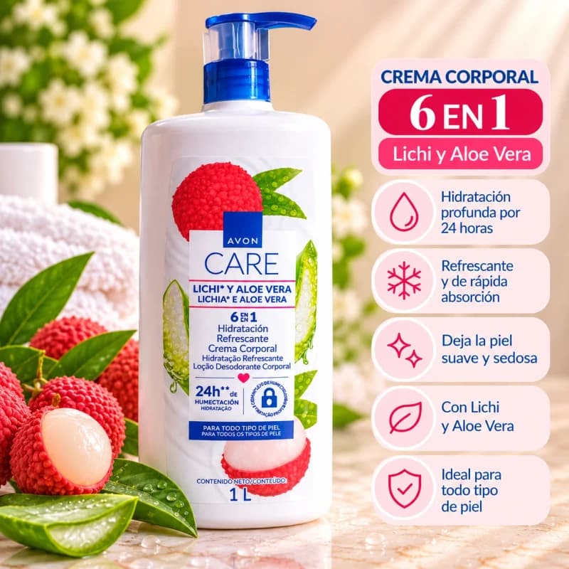 Crema corporal Avon Care 6 en 1 Lichi y Áloe Vera x litro