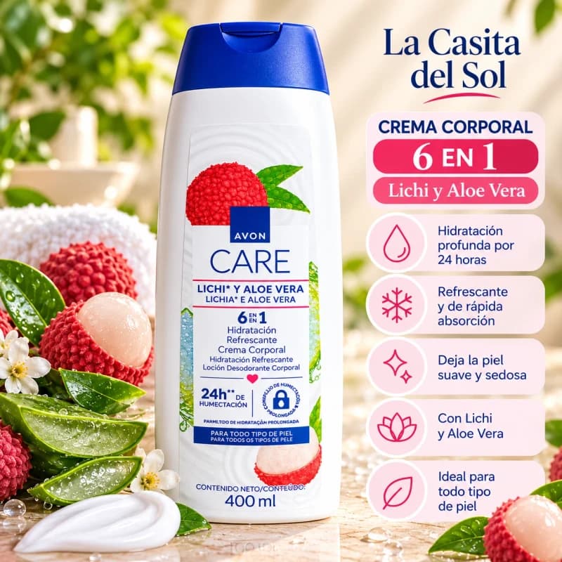 Crema Corporal Avon Care 6 en 1 Lichi y Áloe Vera 400 ml