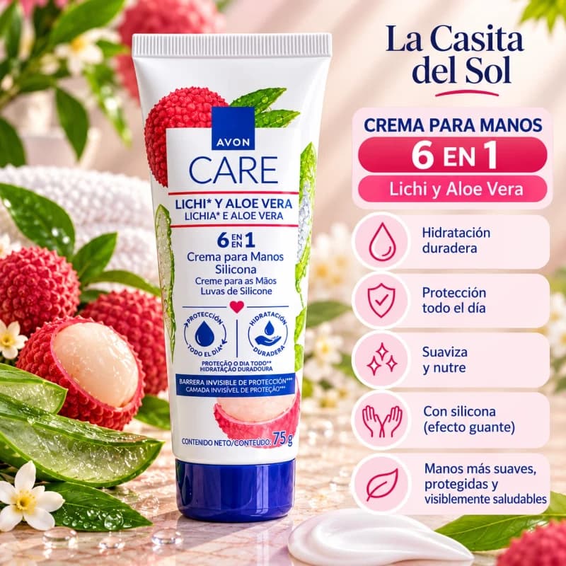 Crema para manos Avon Care 6 en 1 Lichi y Áloe Vera 75 g
