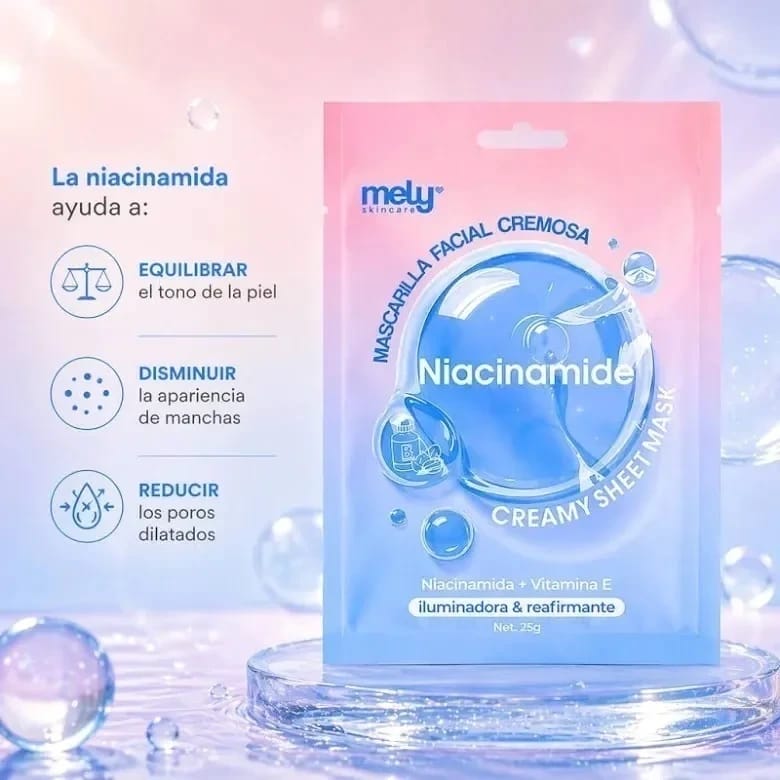 Mascarilla Facial Cremosa Iluminadora & Reafirmante Con Niacinamida + Vitamina E - MELY.